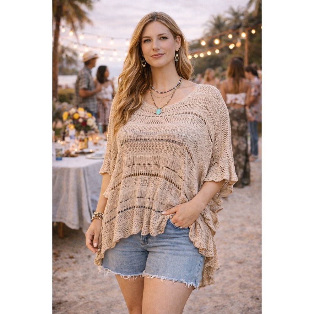 Boho Cottagecore Summer Beige CrochetKnit Neutral Ruffle Sleeve OpenWeave L Top‎